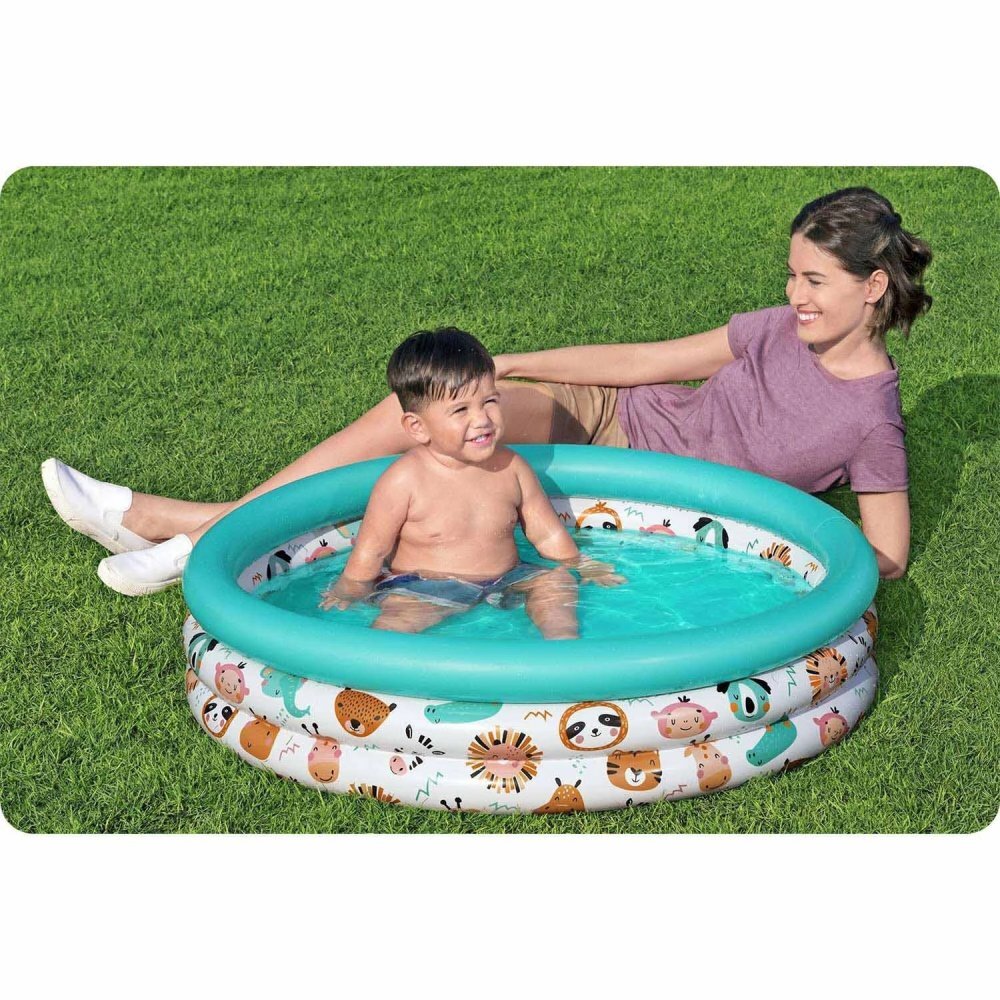 BESTWAY Piscina gonflabila pentru copii Funny Animals Blue Diametru 102x25 cm Material PVC rezistent Capacitate 101 litri Kit reparatie inclus