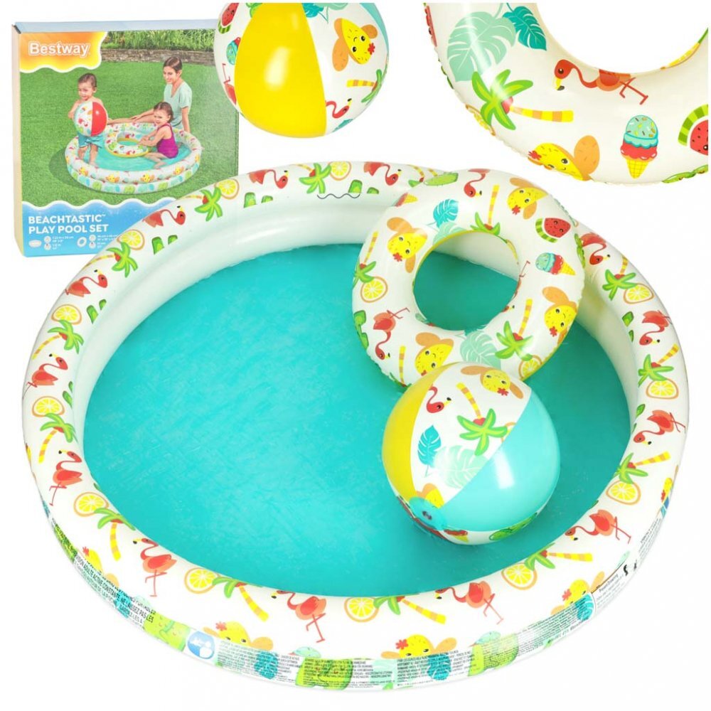 BESTWAY Set 3 piese Piscina gonflabila colac si minge 122 cm Flamingo
