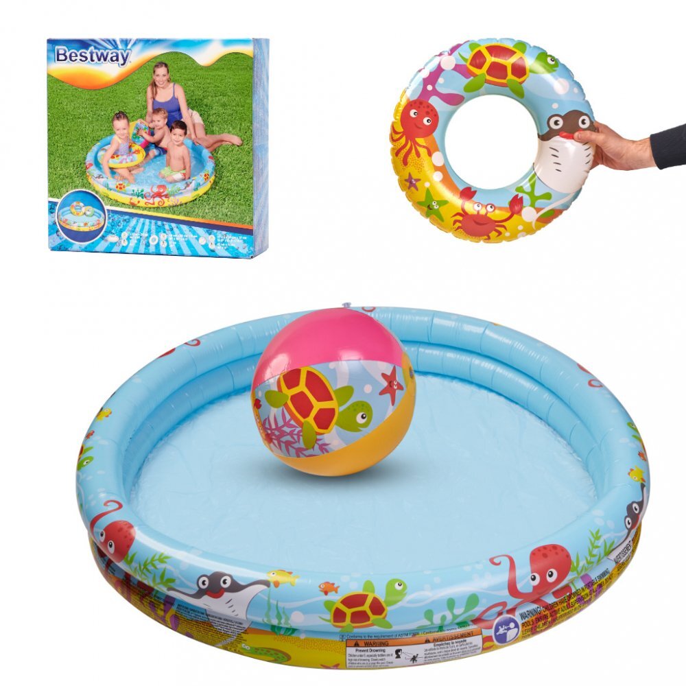BESTWAY Set 3 piese Piscina gonflabila colac si minge Multicolor 122 cm Marine Life