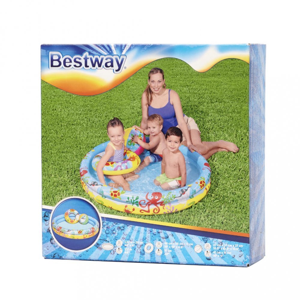 BESTWAY Set 3 piese Piscina gonflabila colac si minge Multicolor 122 cm Marine Life