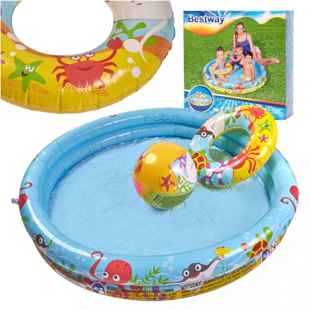 BESTWAY Set 3 piese Piscina gonflabila colac si minge Multicolor 122 cm Marine Life