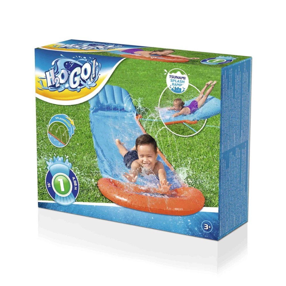BESTWAY Tobogan cu apa pentru 1 persoana H2O GO Tsunami Splash Ramp Albastru Lungime 488 cm Conectare la furtun Aspersoare incorporate Punct start si finish gonflabile Patch de reparare inclus