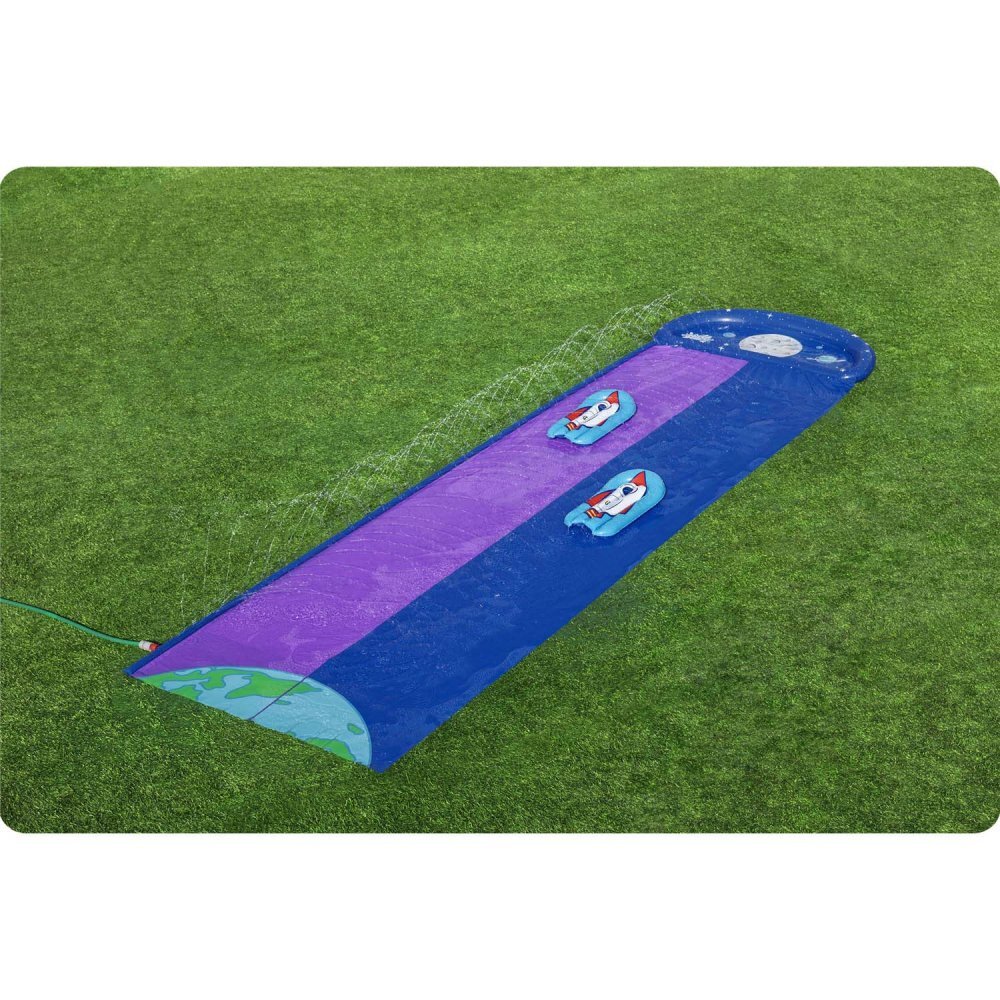 BESTWAY Tobogan cu apa pentru 2 persoane H2O GoLungime 488 cm 2 Piste Conectare la furtun Aspersoare incorporate Punct finish gonflabil Patch de reparare inclus