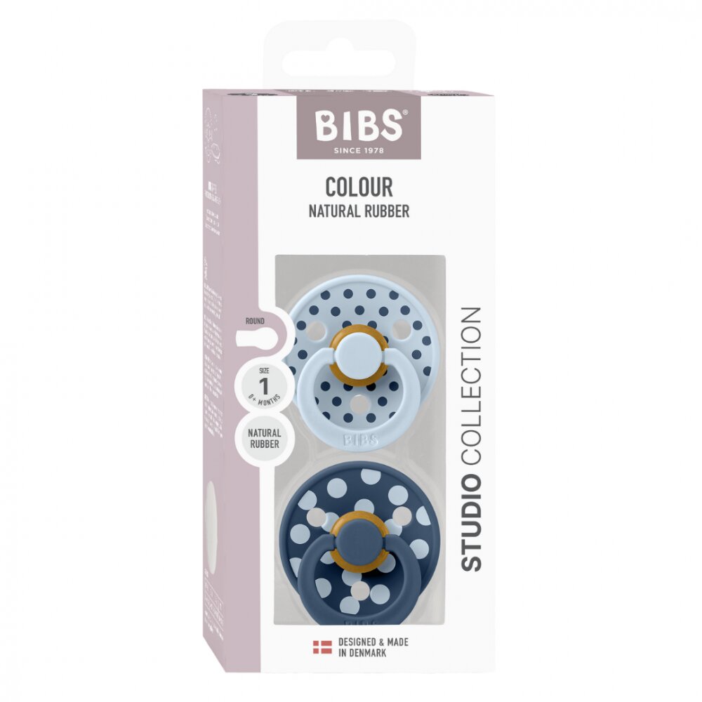 BIBS Set 2 suzete Colour Studio Collection Polka Dots tetina rotunda 0 luni+ Baby BlueSteel Blue