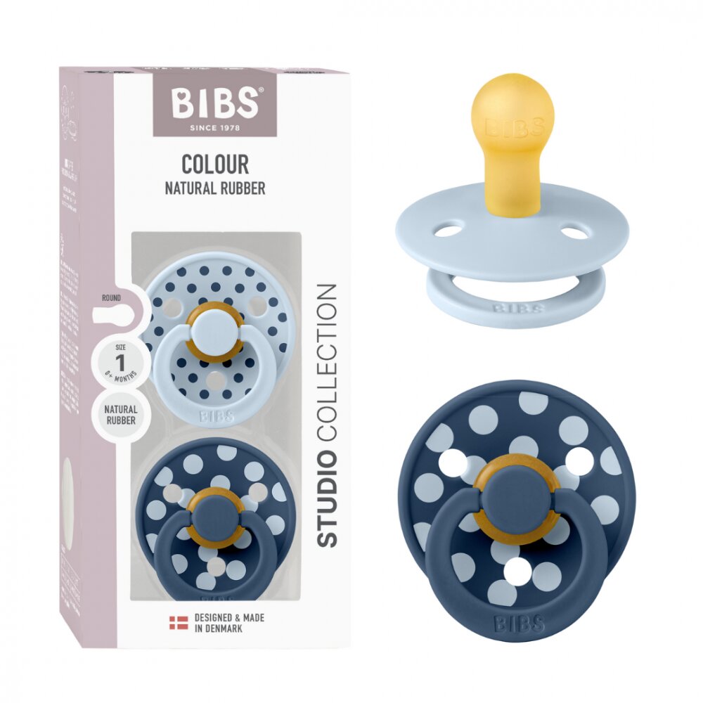 BIBS Set 2 suzete Colour Studio Collection Polka Dots tetina rotunda 0 luni+ Baby BlueSteel Blue