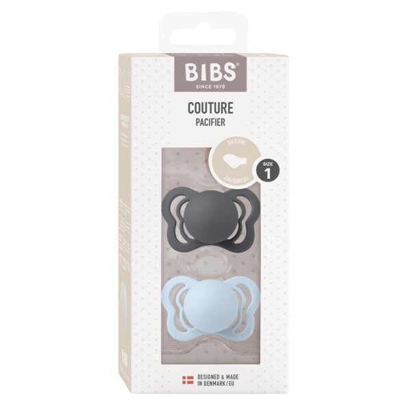 BIBS Set 2 suzete Couture Silicon tetina anatomica 0 luni + IronBaby Blue