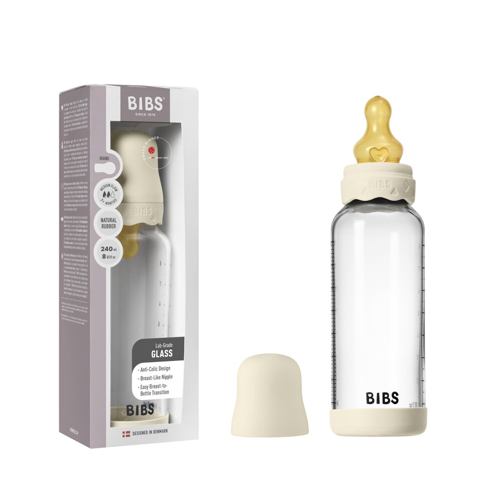 BIBS Set complet biberon Boheme din sticla anticolici cu tetina din latex flux mediu 240 ml Ivory