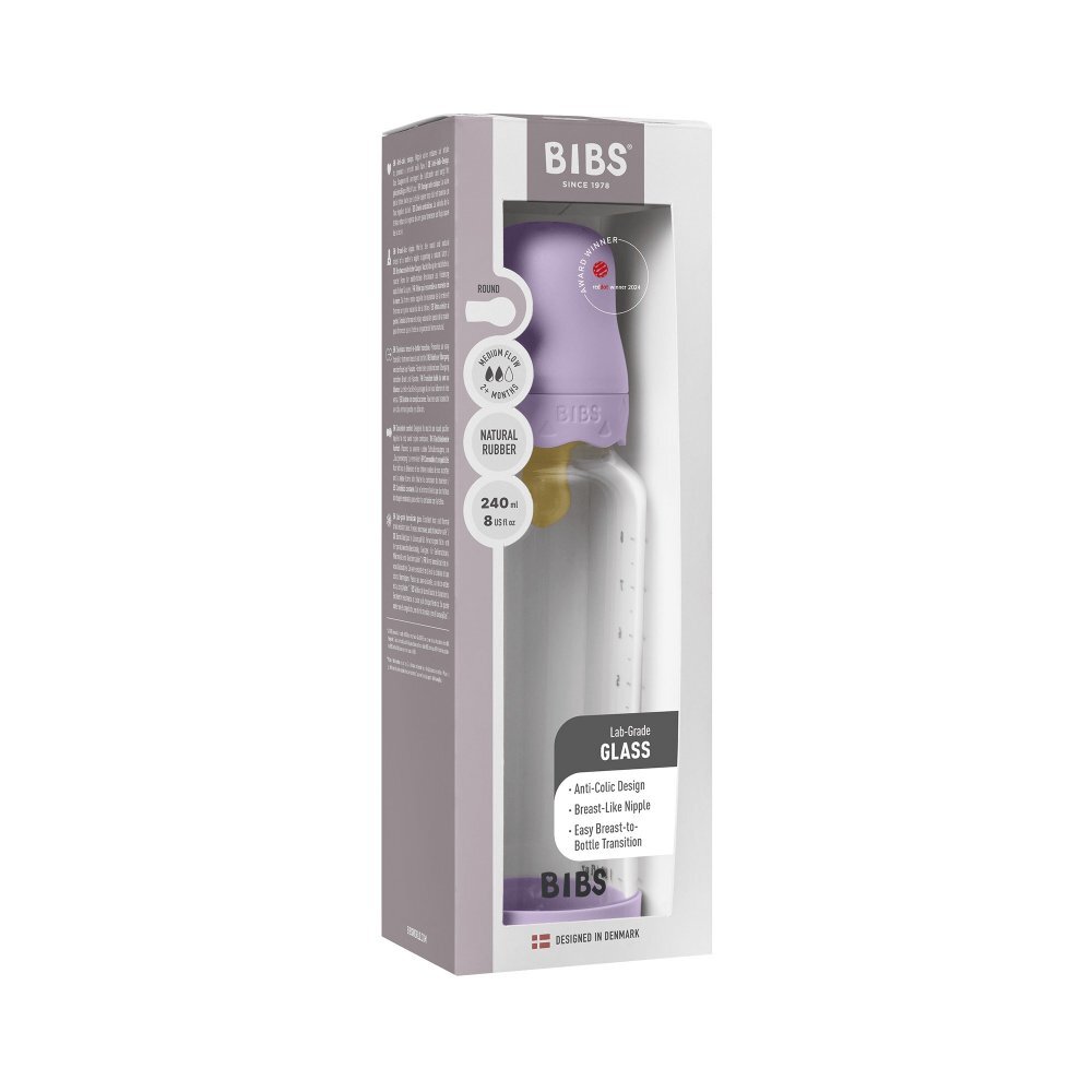 BIBS Set complet biberon Boheme din sticla anticolici cu tetina din latex flux mediu 240 ml Violet Sky