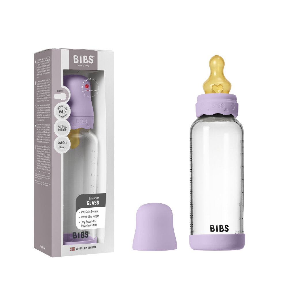 BIBS Set complet biberon Boheme din sticla anticolici cu tetina din latex flux mediu 240 ml Violet Sky