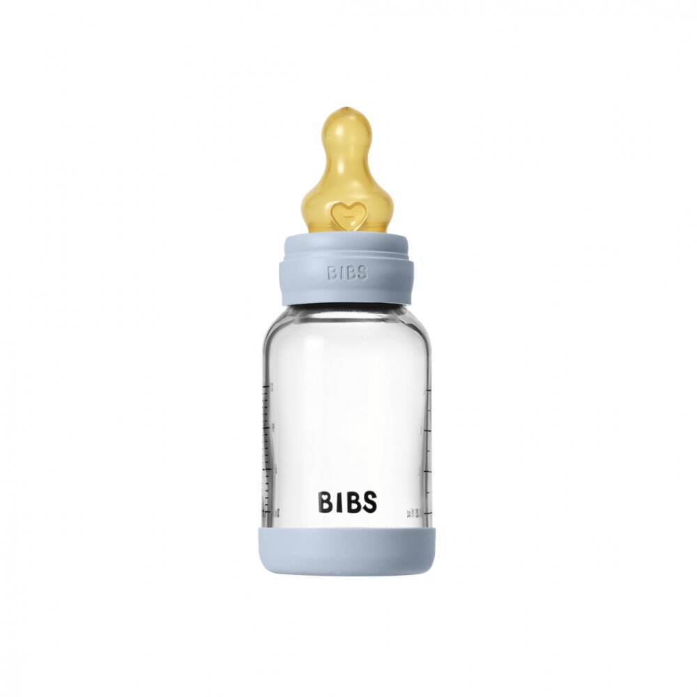 BIBS Set complet biberon din sticla anticolici cu tetina din latex flux lent 120 ml Baby Blue
