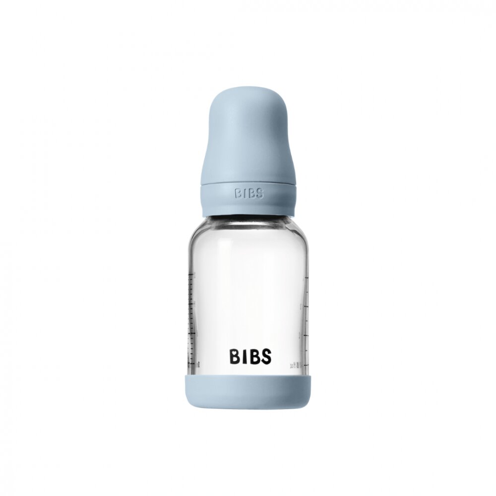 BIBS Set complet biberon din sticla anticolici cu tetina din latex flux lent 120 ml Baby Blue