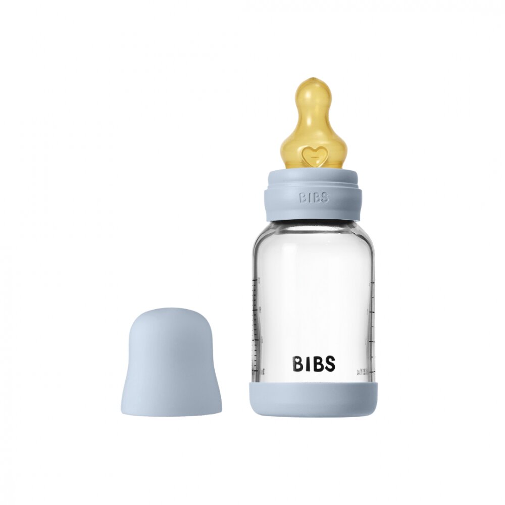 BIBS Set complet biberon din sticla anticolici cu tetina din latex flux lent 120 ml Baby Blue