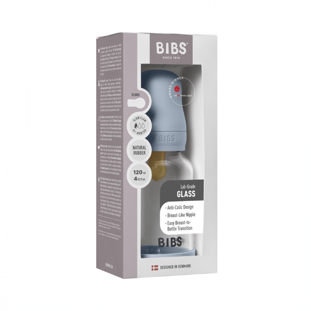 BIBS Set complet biberon din sticla anticolici cu tetina din latex flux lent 120 ml Baby Blue