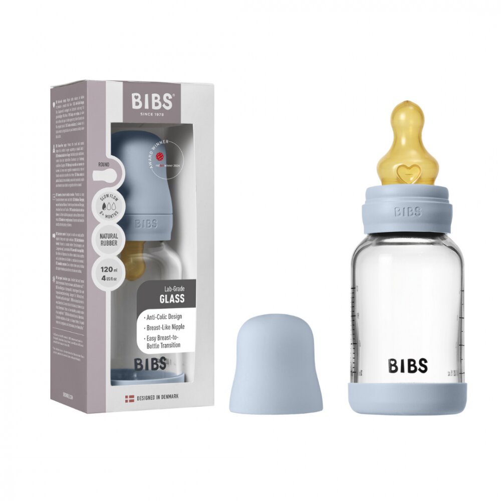 BIBS Set complet biberon din sticla anticolici cu tetina din latex flux lent 120 ml Baby Blue