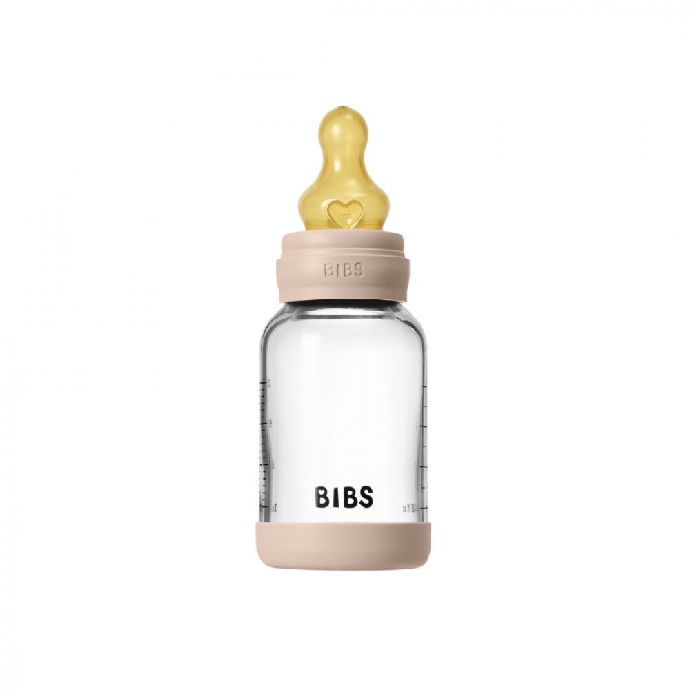 BIBS Set complet biberon din sticla anticolici cu tetina din latex flux lent 120 ml Blush