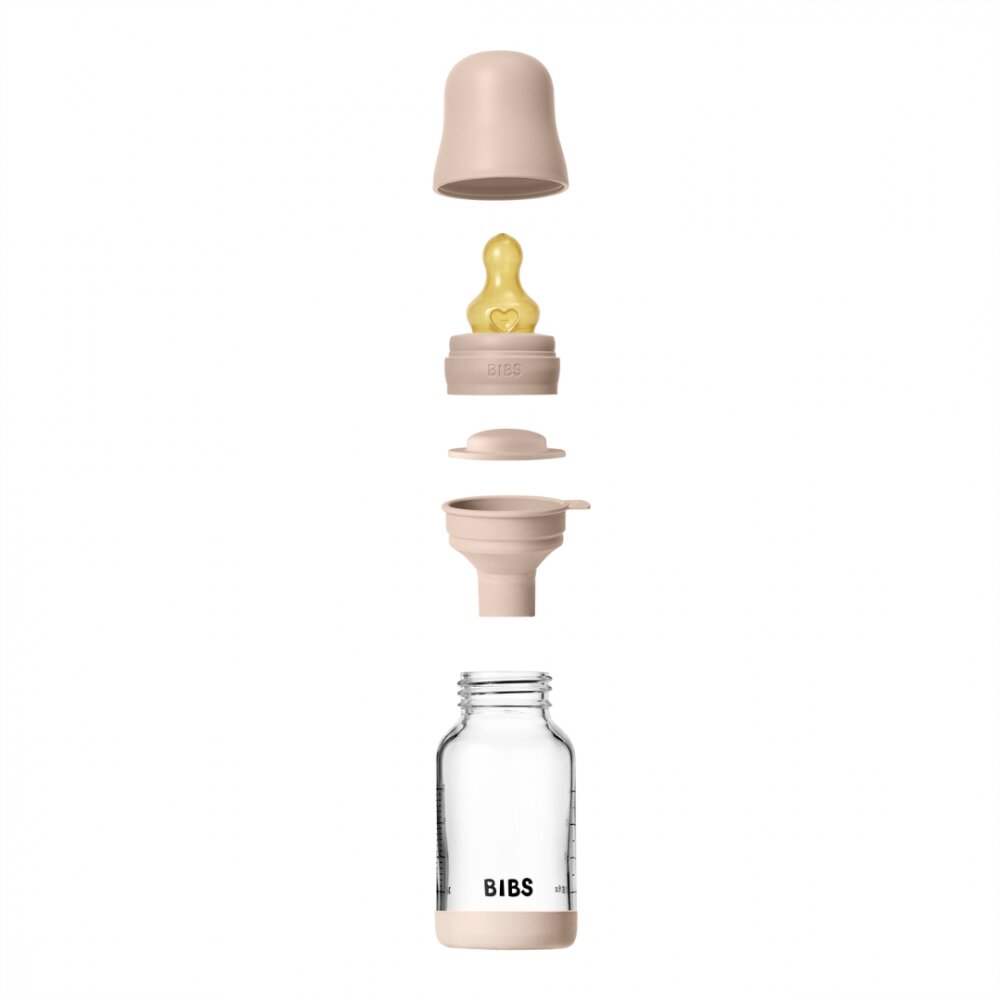 BIBS Set complet biberon din sticla anticolici cu tetina din latex flux lent 120 ml Blush