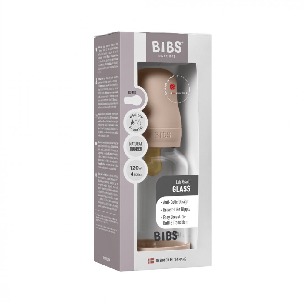 BIBS Set complet biberon din sticla anticolici cu tetina din latex flux lent 120 ml Blush
