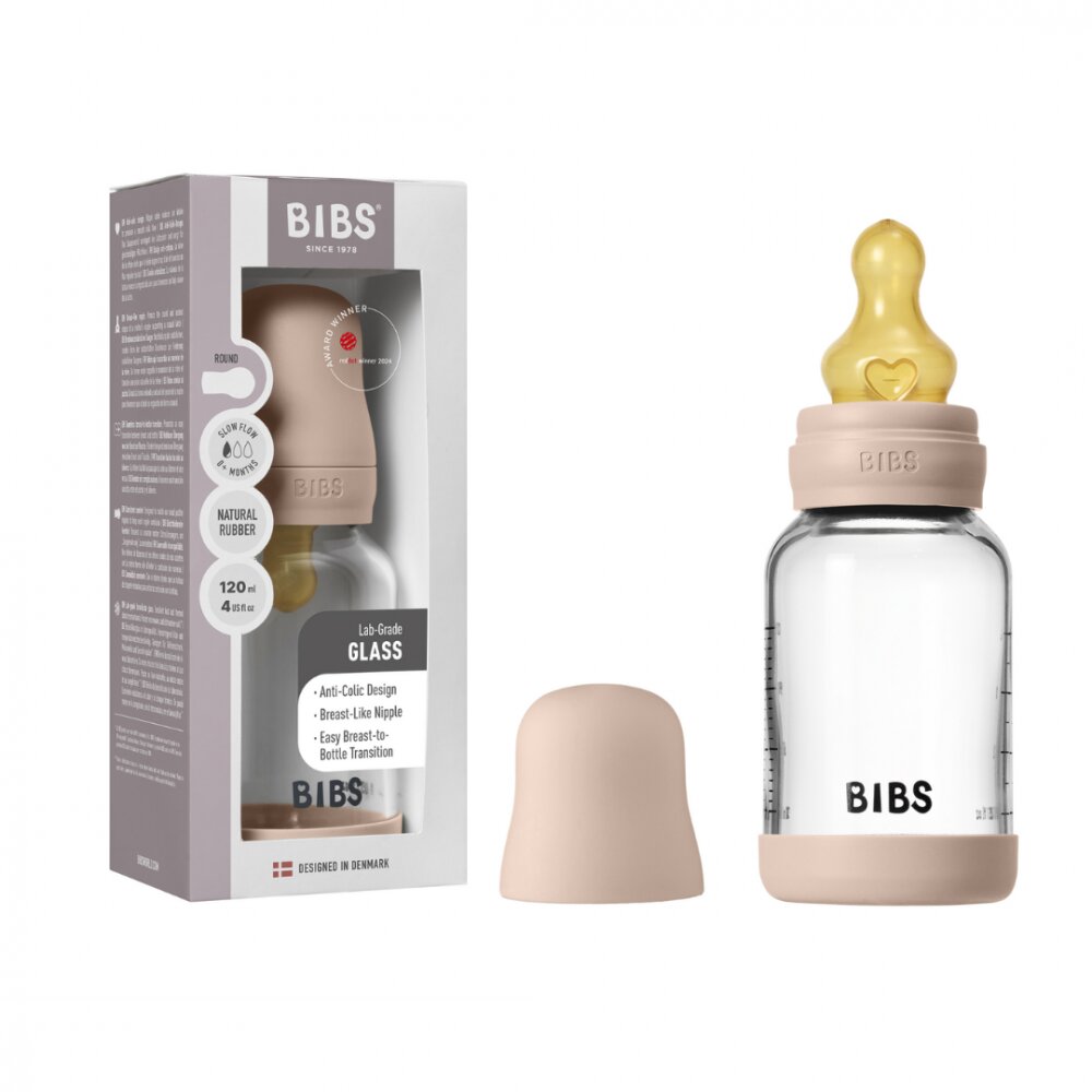 BIBS Set complet biberon din sticla anticolici cu tetina din latex flux lent 120 ml Blush