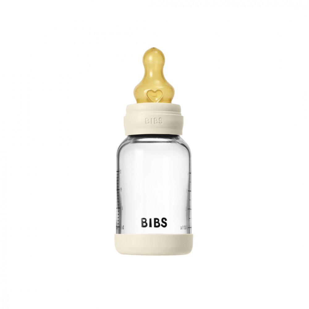 BIBS Set complet biberon din sticla anticolici cu tetina din latex flux lent 120 ml Ivory