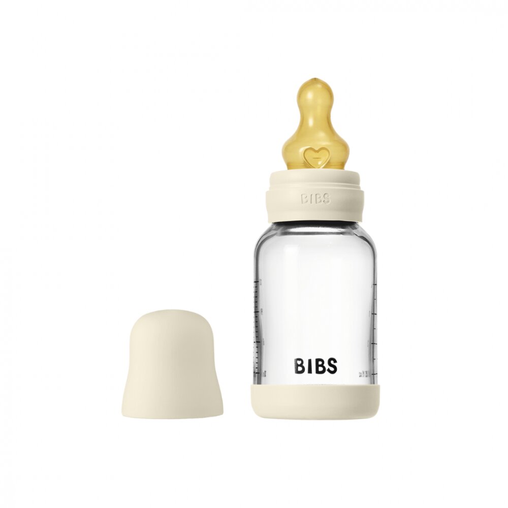 BIBS Set complet biberon din sticla anticolici cu tetina din latex flux lent 120 ml Ivory