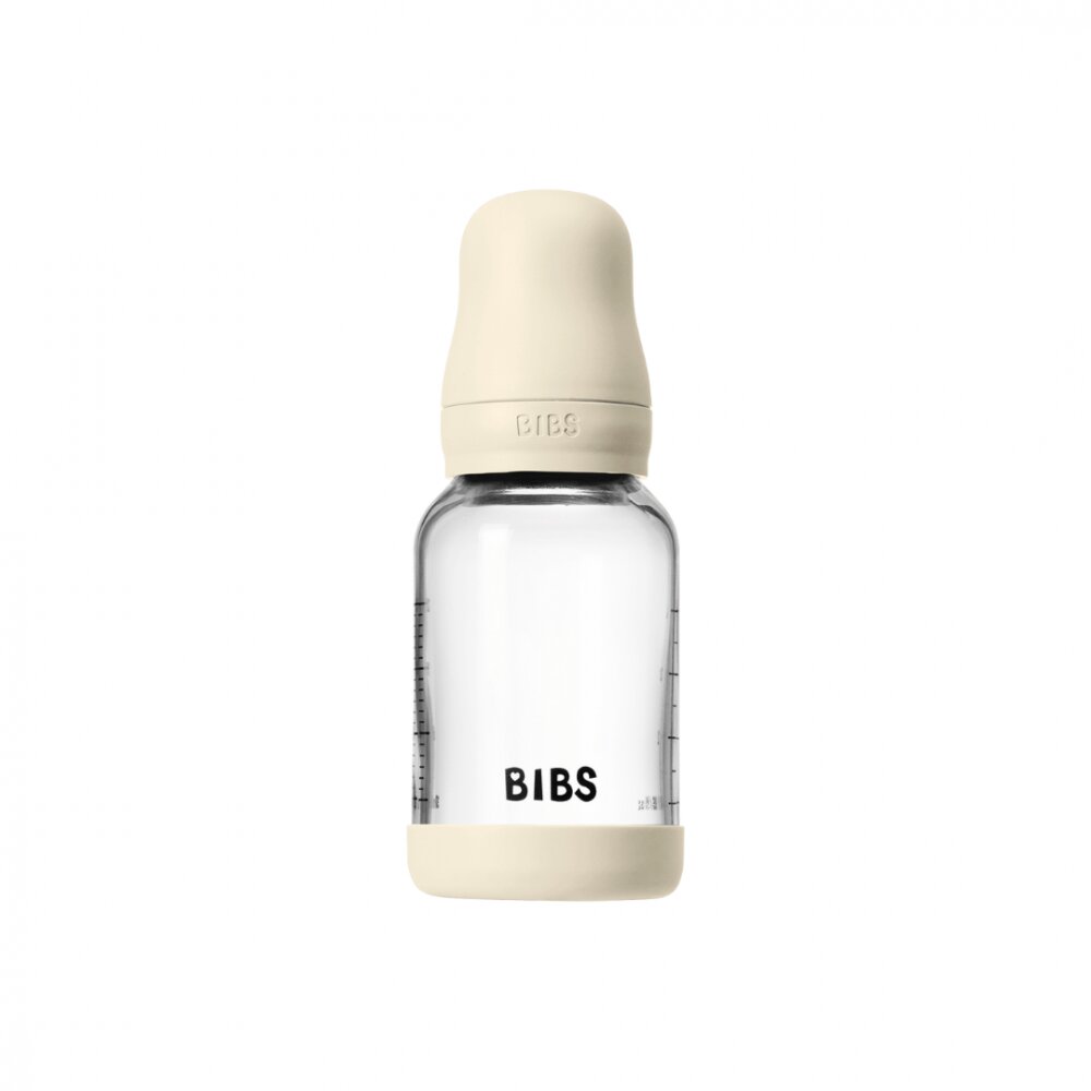BIBS Set complet biberon din sticla anticolici cu tetina din latex flux lent 120 ml Ivory