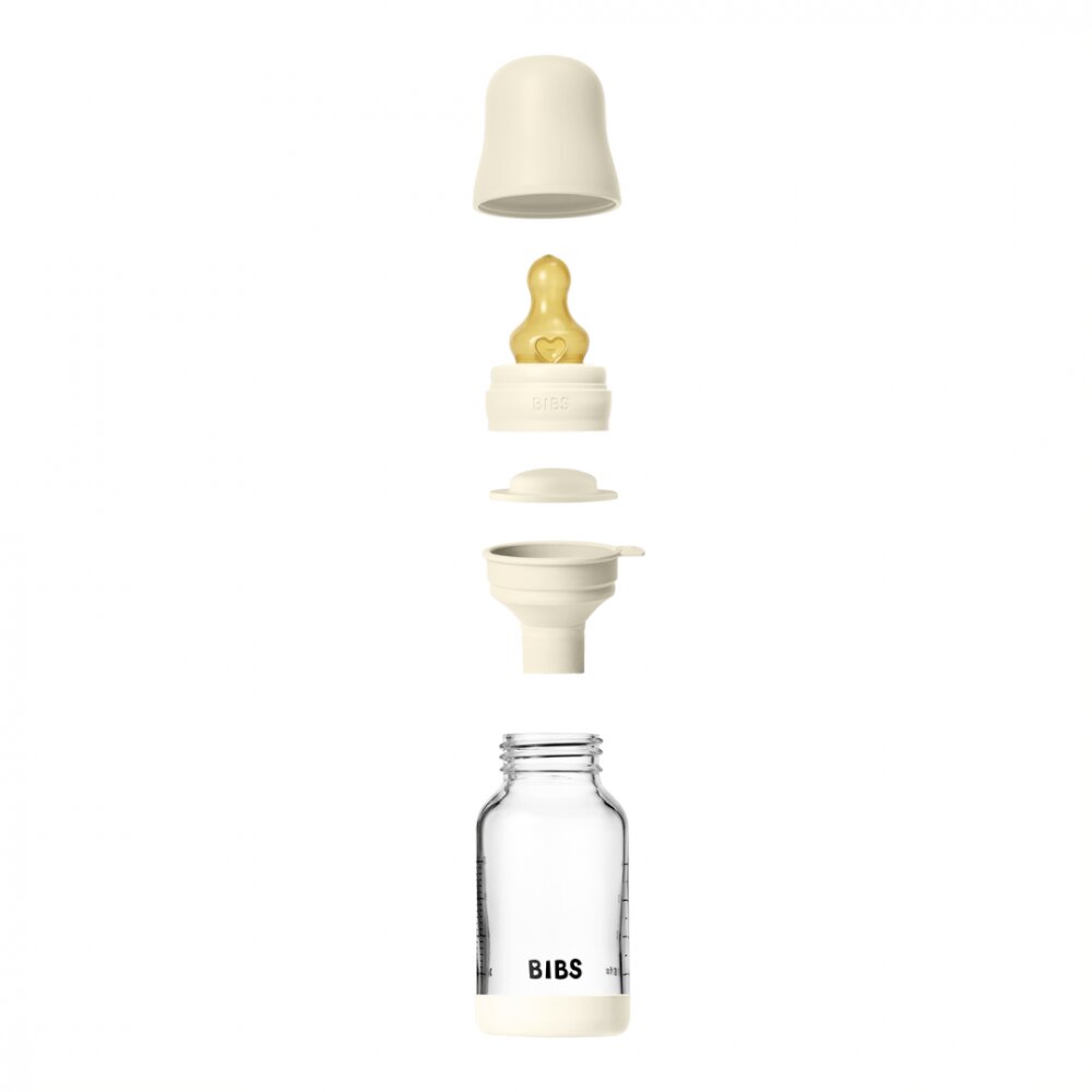 BIBS Set complet biberon din sticla anticolici cu tetina din latex flux lent 120 ml Ivory