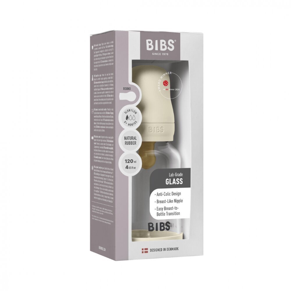 BIBS Set complet biberon din sticla anticolici cu tetina din latex flux lent 120 ml Ivory