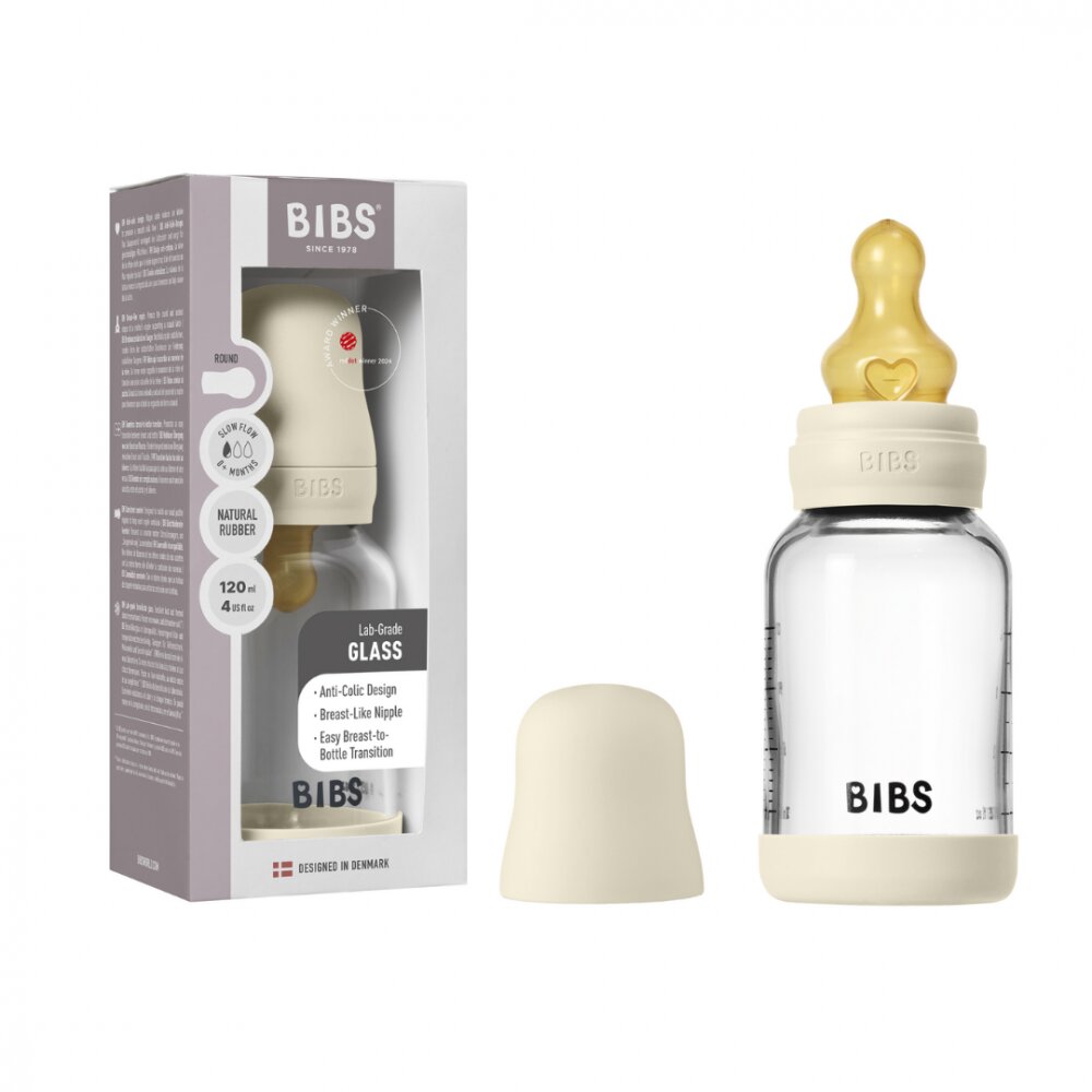 BIBS Set complet biberon din sticla anticolici cu tetina din latex flux lent 120 ml Ivory
