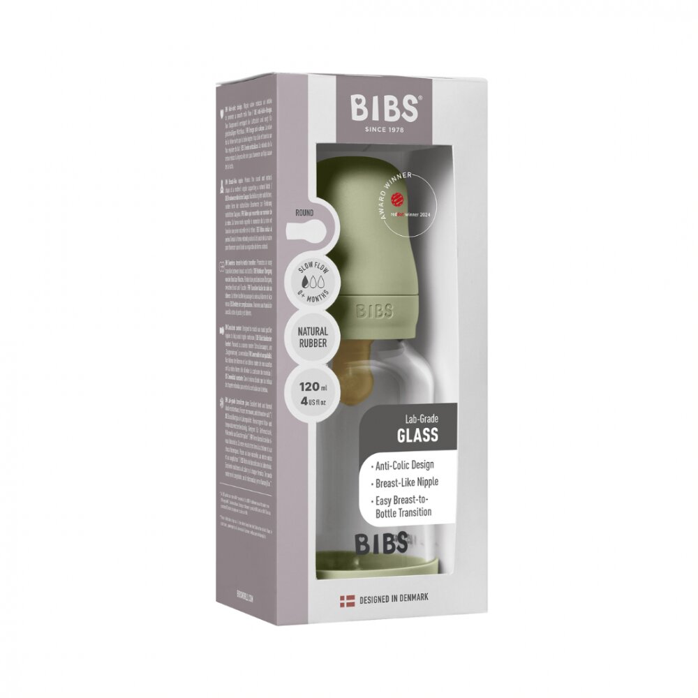 BIBS Set complet biberon din sticla anticolici cu tetina din latex flux lent 120 ml Sage