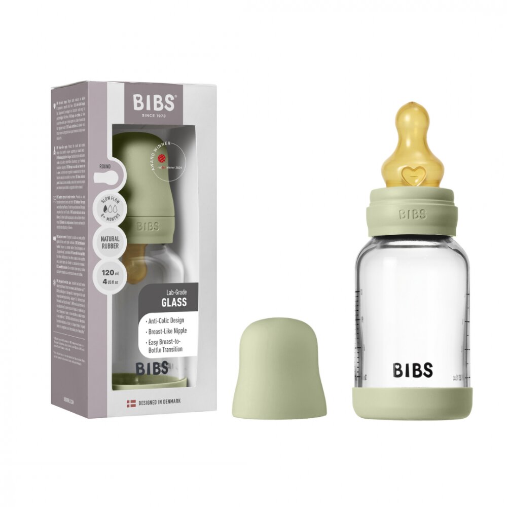 BIBS Set complet biberon din sticla anticolici cu tetina din latex flux lent 120 ml Sage