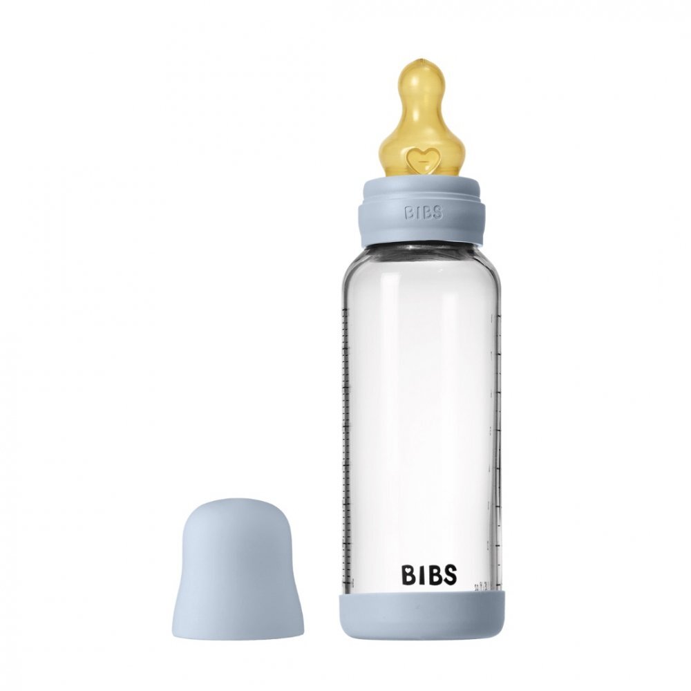 BIBS Set complet biberon din sticla anticolici cu tetina din latex flux mediu 240 ml Baby Blue