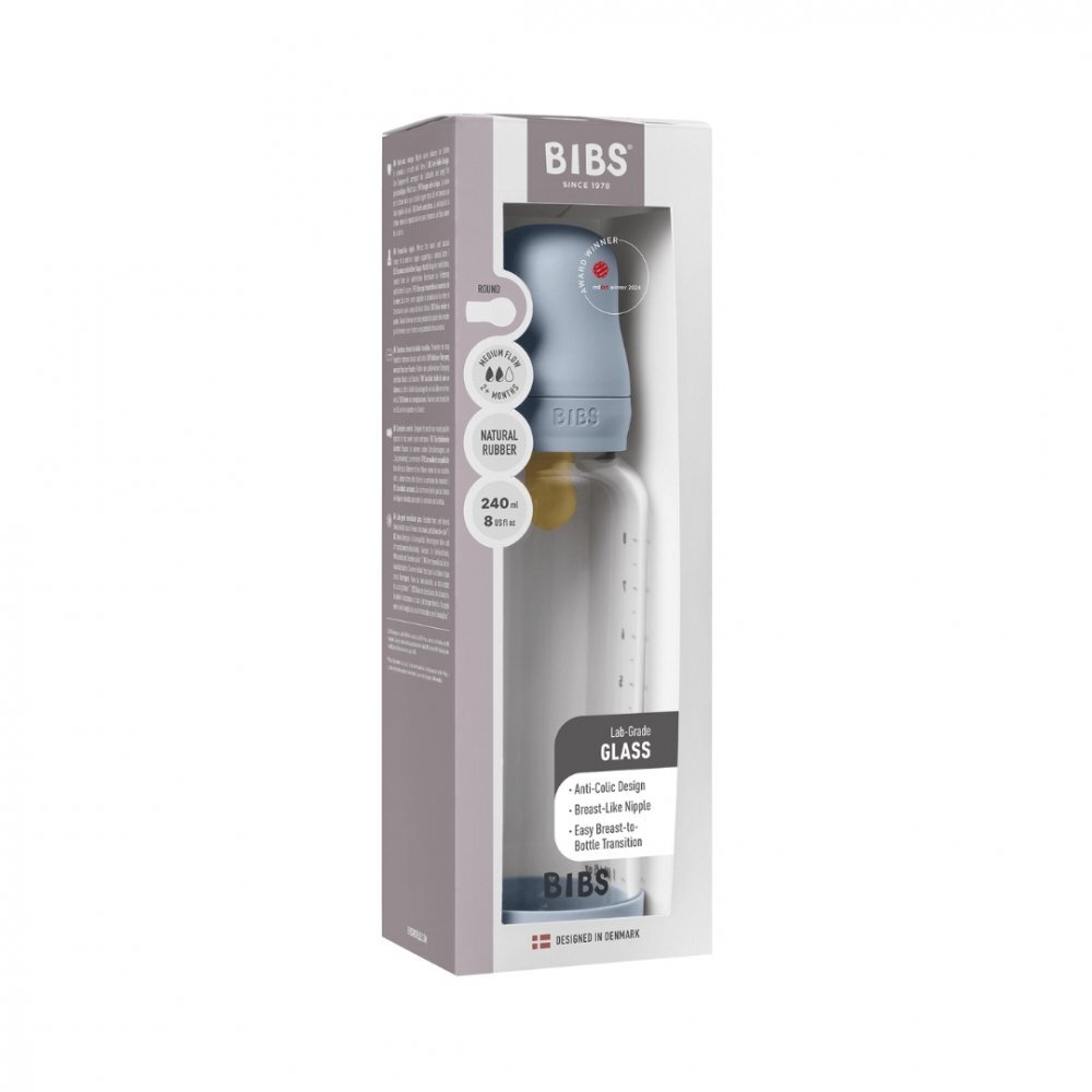 BIBS Set complet biberon din sticla anticolici cu tetina din latex flux mediu 240 ml Baby Blue