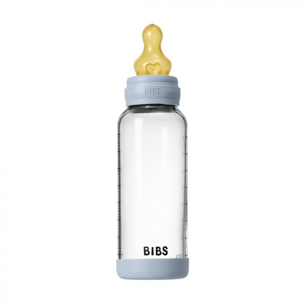 BIBS Set complet biberon din sticla anticolici cu tetina din latex flux mediu 240 ml Baby Blue
