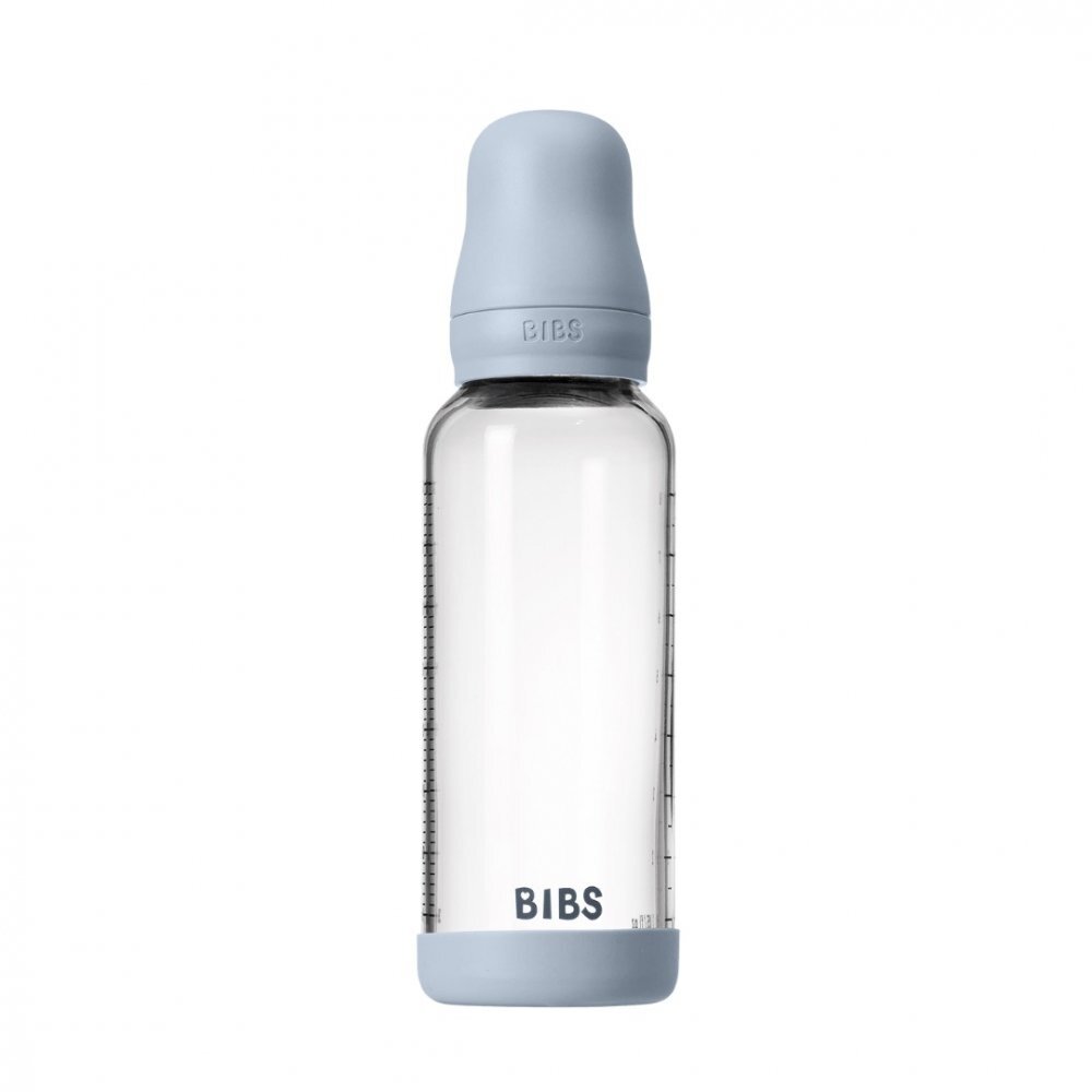 BIBS Set complet biberon din sticla anticolici cu tetina din latex flux mediu 240 ml Baby Blue