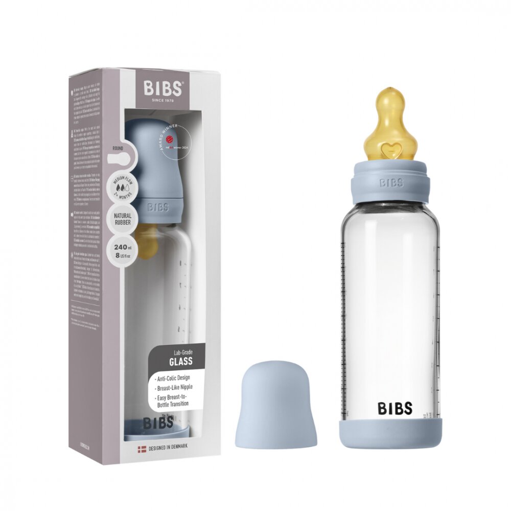 BIBS Set complet biberon din sticla anticolici cu tetina din latex flux mediu 240 ml Baby Blue