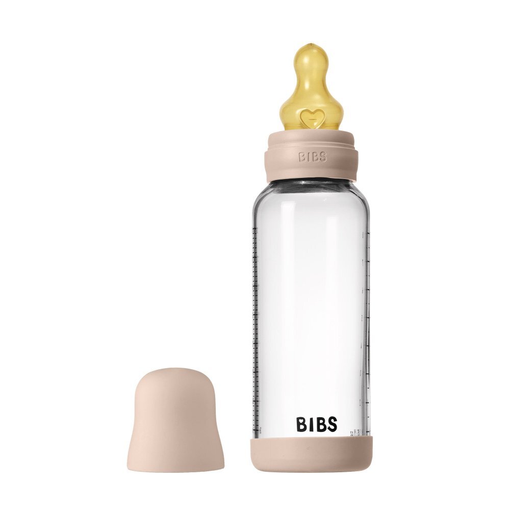 BIBS Set complet biberon din sticla anticolici cu tetina din latex flux mediu 240 ml Blush