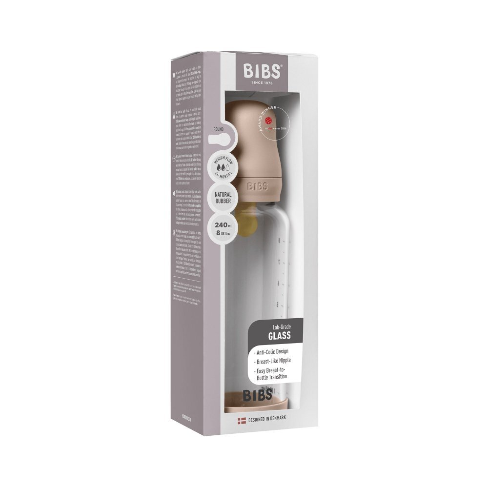 BIBS Set complet biberon din sticla anticolici cu tetina din latex flux mediu 240 ml Blush