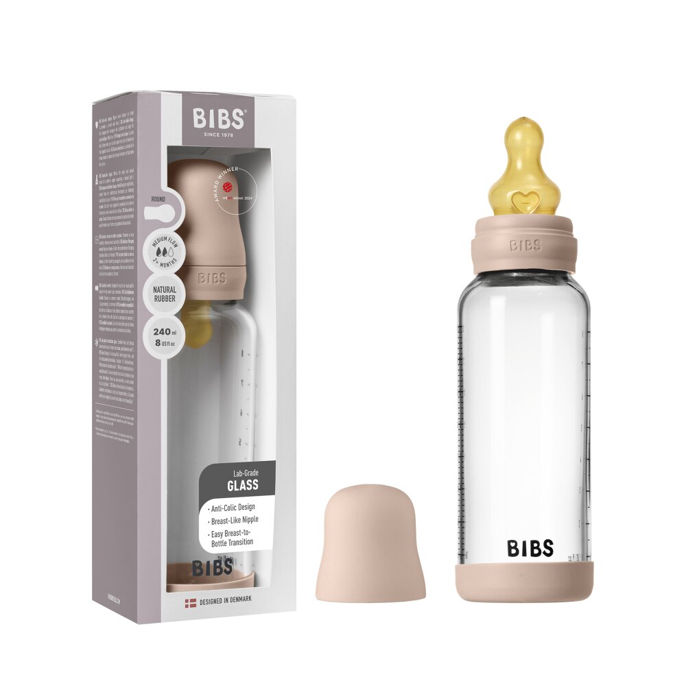 BIBS Set complet biberon din sticla anticolici cu tetina din latex flux mediu 240 ml Blush