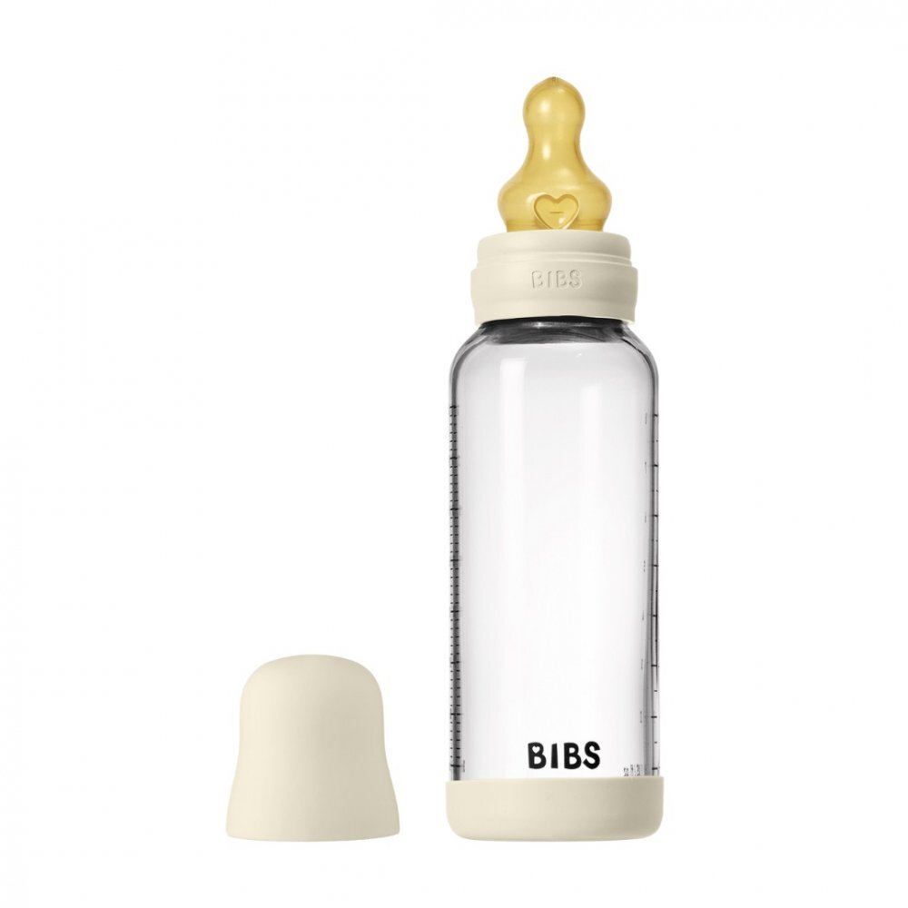 BIBS Set complet biberon din sticla anticolici cu tetina din latex flux mediu 240 ml Ivory