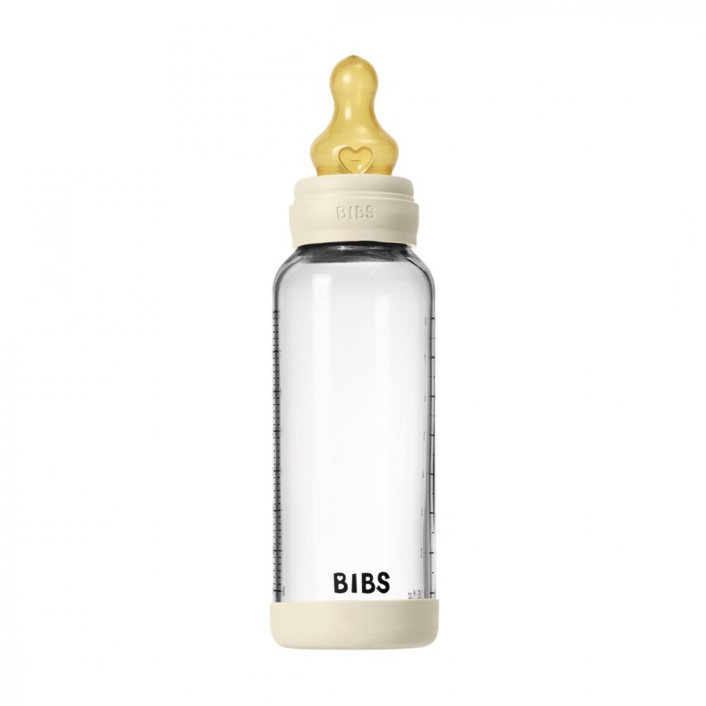 BIBS Set complet biberon din sticla anticolici cu tetina din latex flux mediu 240 ml Ivory