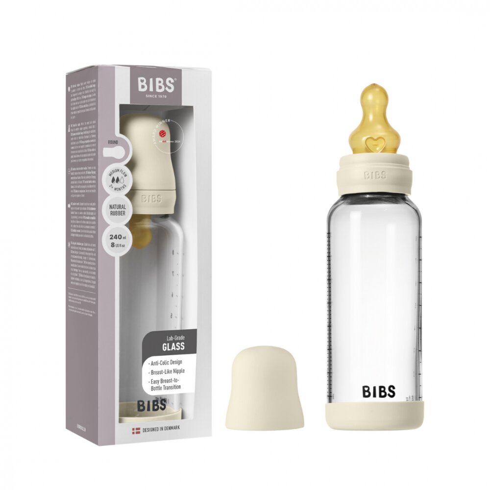 BIBS Set complet biberon din sticla anticolici cu tetina din latex flux mediu 240 ml Ivory
