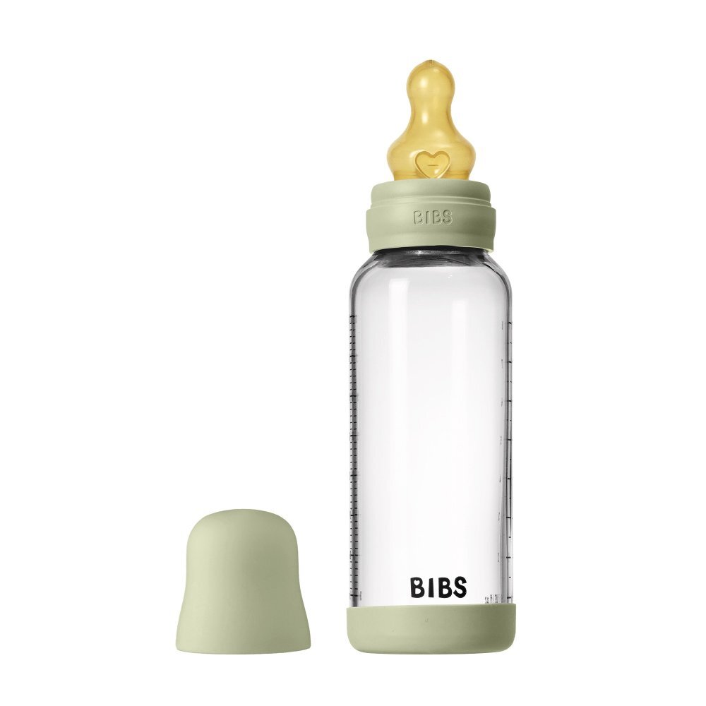 BIBS Set complet biberon din sticla anticolici cu tetina din latex flux mediu 240 ml Sage