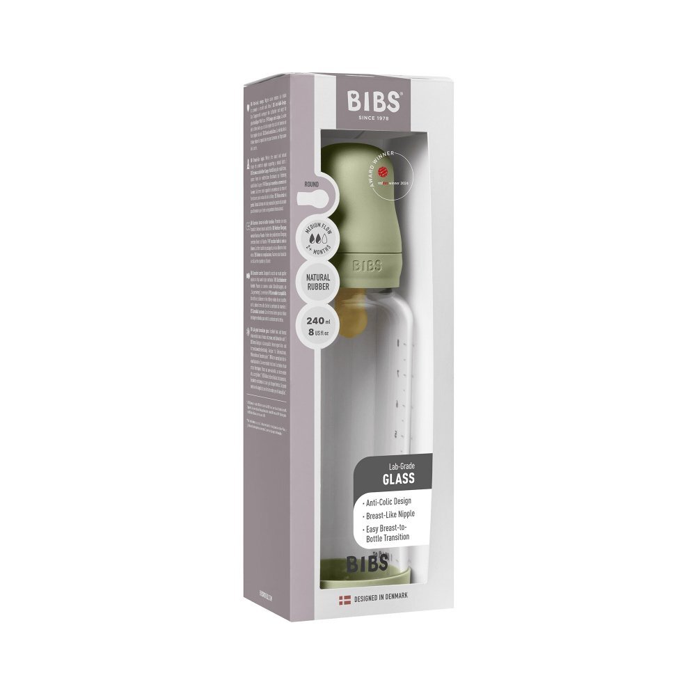 BIBS Set complet biberon din sticla anticolici cu tetina din latex flux mediu 240 ml Sage