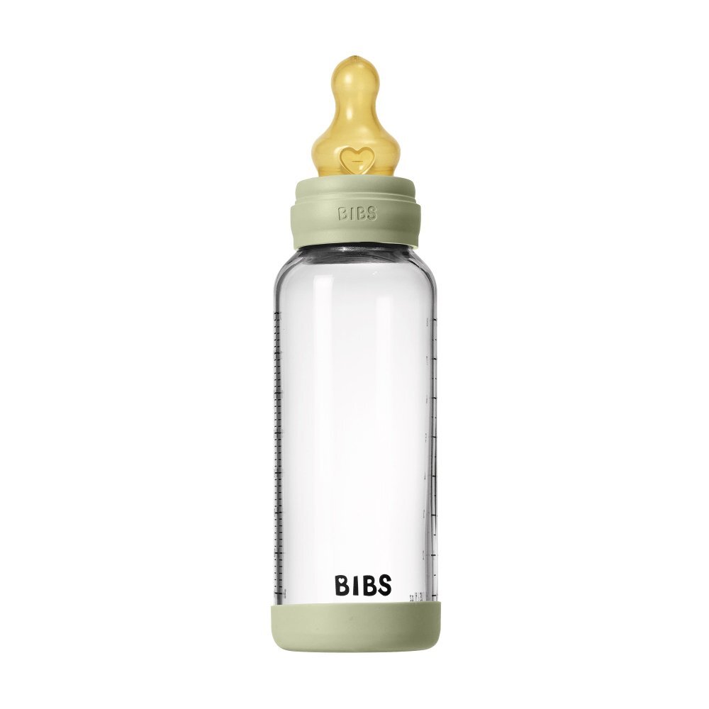 BIBS Set complet biberon din sticla anticolici cu tetina din latex flux mediu 240 ml Sage