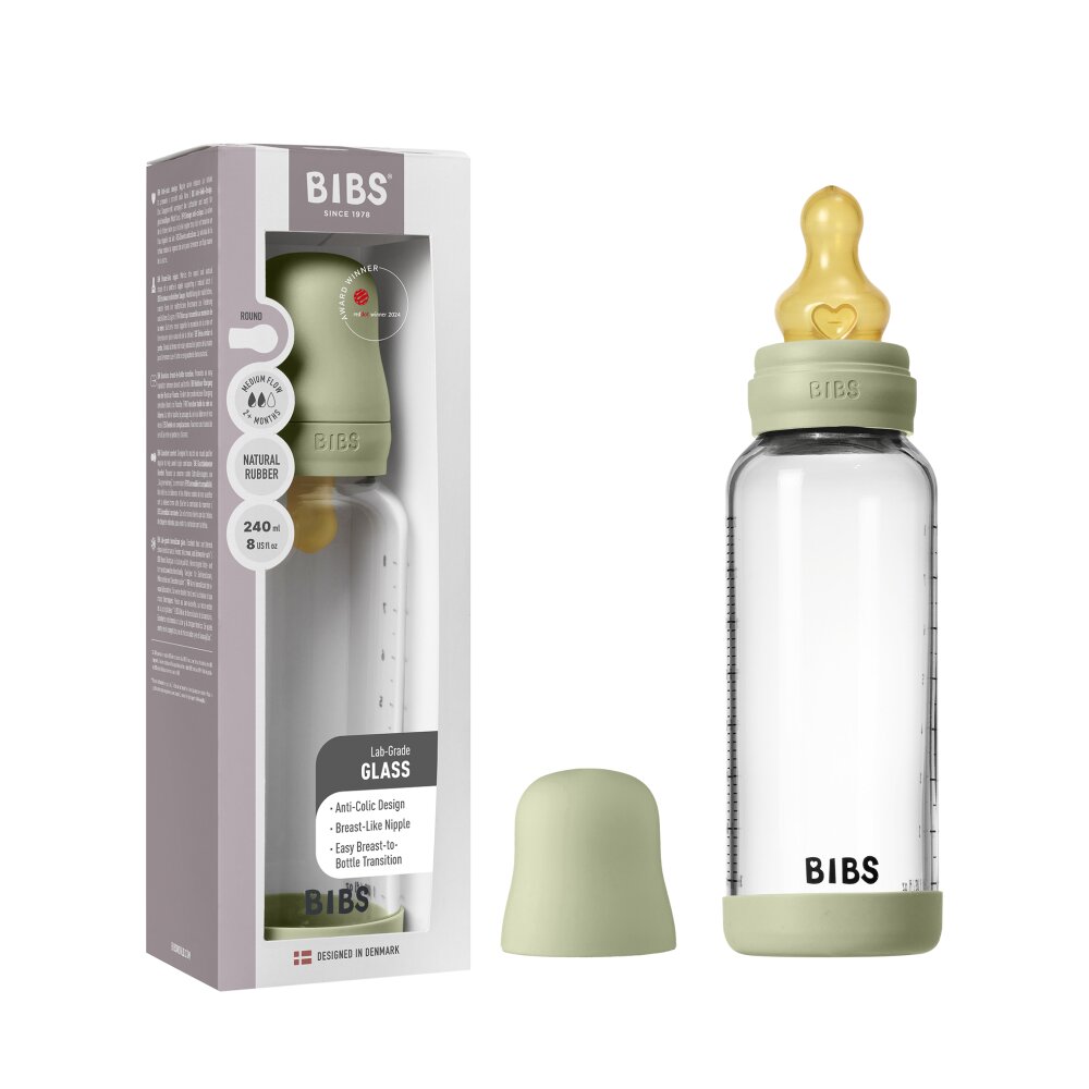 BIBS Set complet biberon din sticla anticolici cu tetina din latex flux mediu 240 ml Sage
