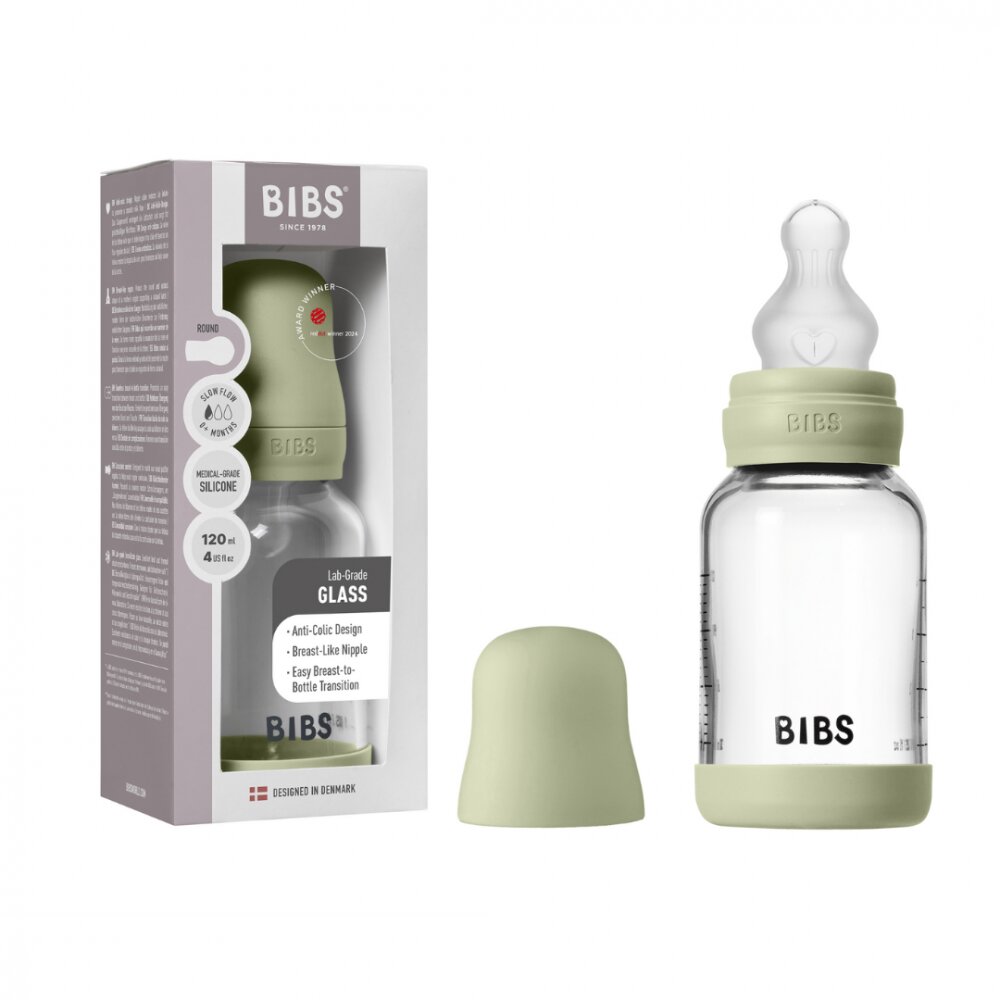 BIBS Set complet biberon din sticla anticolici cu tetina din silicon flux lent 120 ml Sage