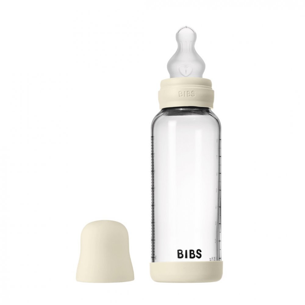 BIBS Set complet biberon din sticla anticolici cu tetina din silicon flux mediu 240 ml Ivory