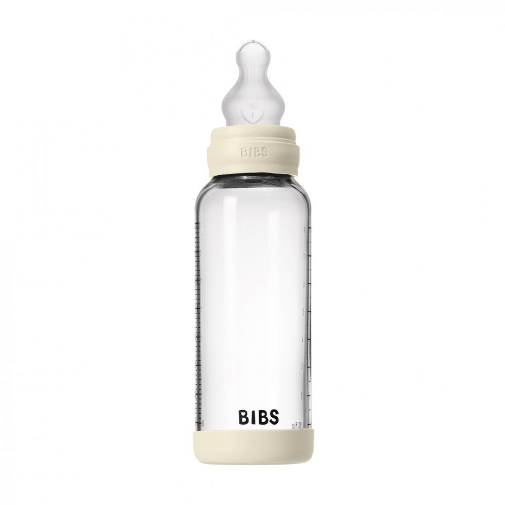BIBS Set complet biberon din sticla anticolici cu tetina din silicon flux mediu 240 ml Ivory