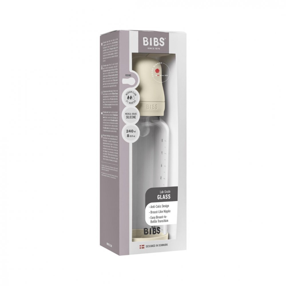 BIBS Set complet biberon din sticla anticolici cu tetina din silicon flux mediu 240 ml Ivory