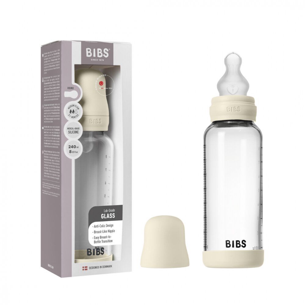 BIBS Set complet biberon din sticla anticolici cu tetina din silicon flux mediu 240 ml Ivory